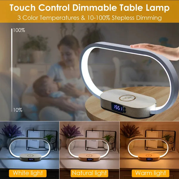 Bedside lamp with clock showing time display and dimming feature
