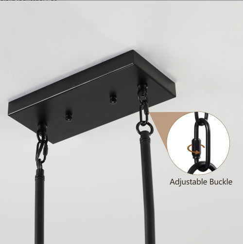 Bottom view of 5-light rectangle farmhouse chandelier with lampshades