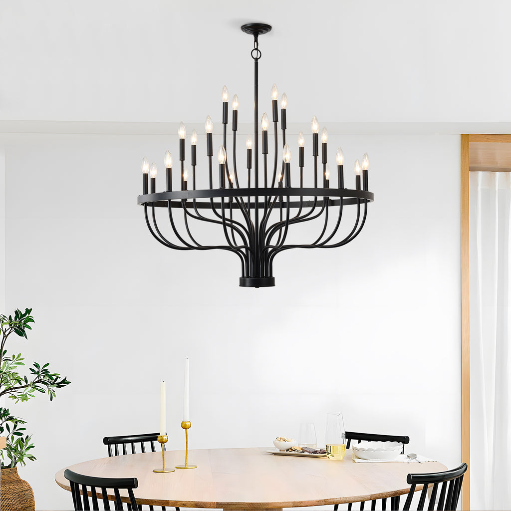 matte black 24-light candle chandelier ceiling installation detail