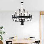 matte black 24-light candle chandelier ceiling installation detail