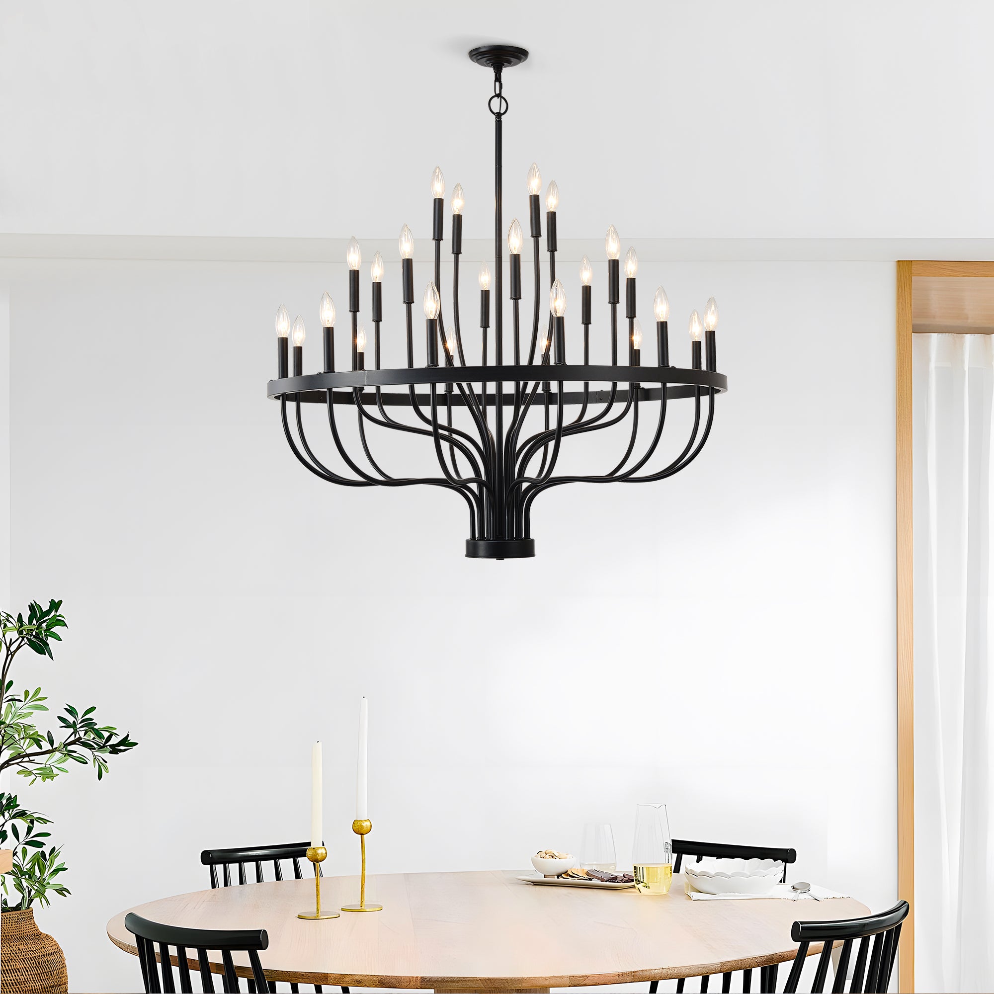 matte black 24-light candle chandelier ceiling installation detail
