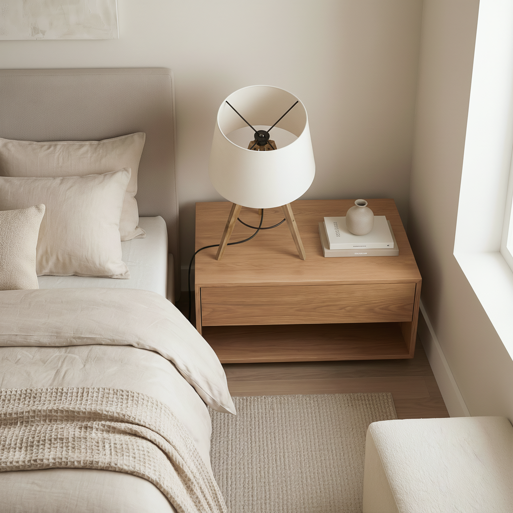 Birch wood tripod lamp base detail showing natural finish
