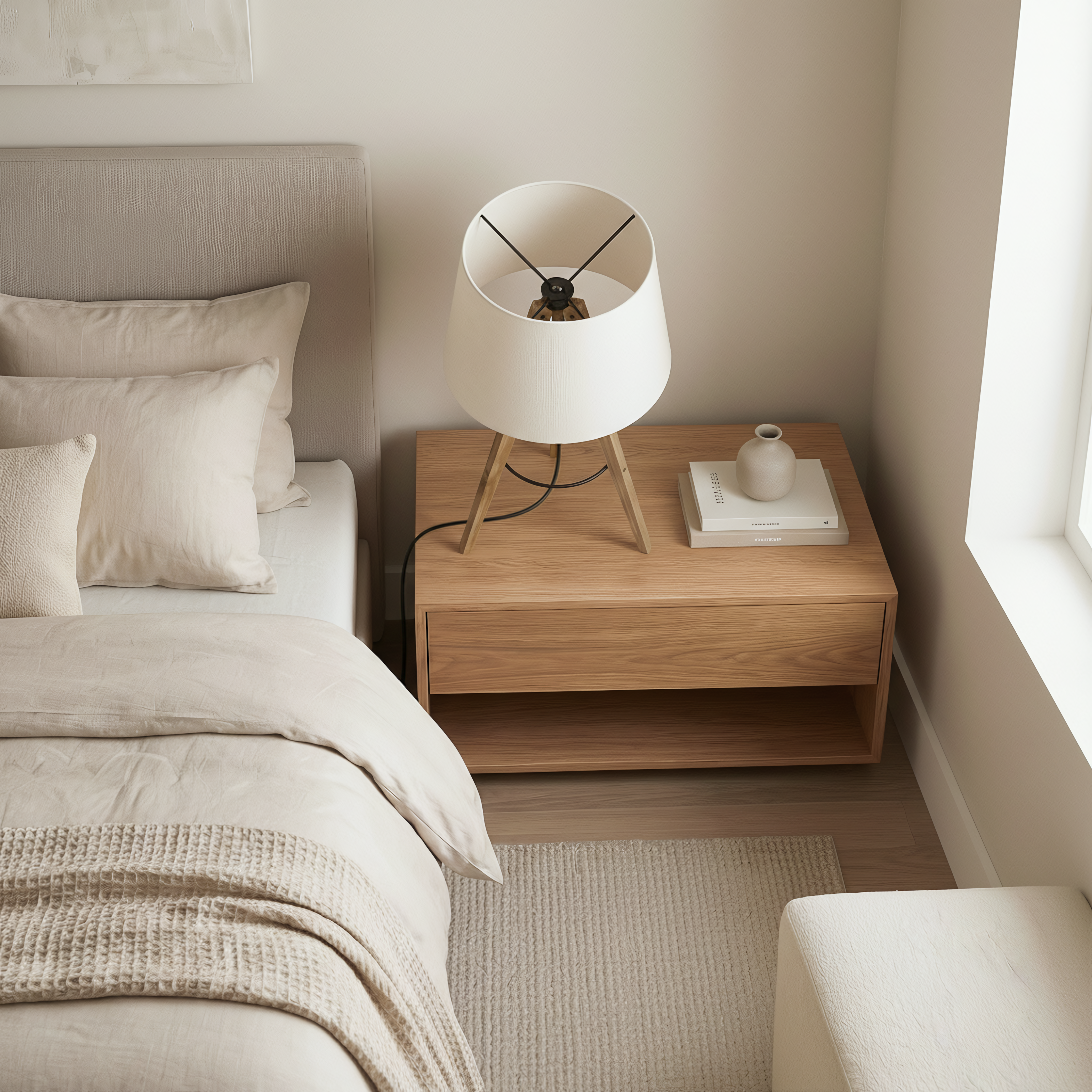Birch wood tripod lamp base detail showing natural finish