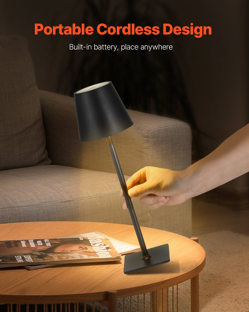Portable black cordless lamp on outdoor patio table setting