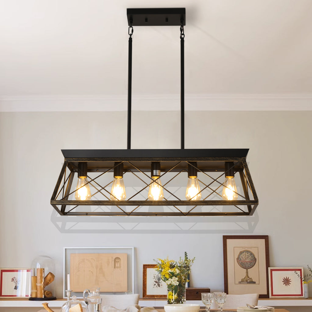 modern black gold cage chandelier kitchen island living room