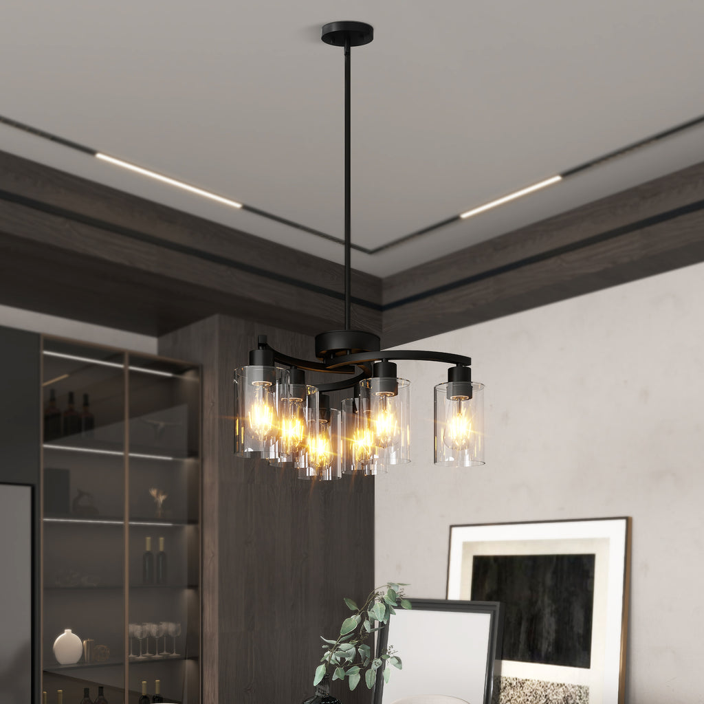 Matte black 6-light chandelier hanging over dining room table
