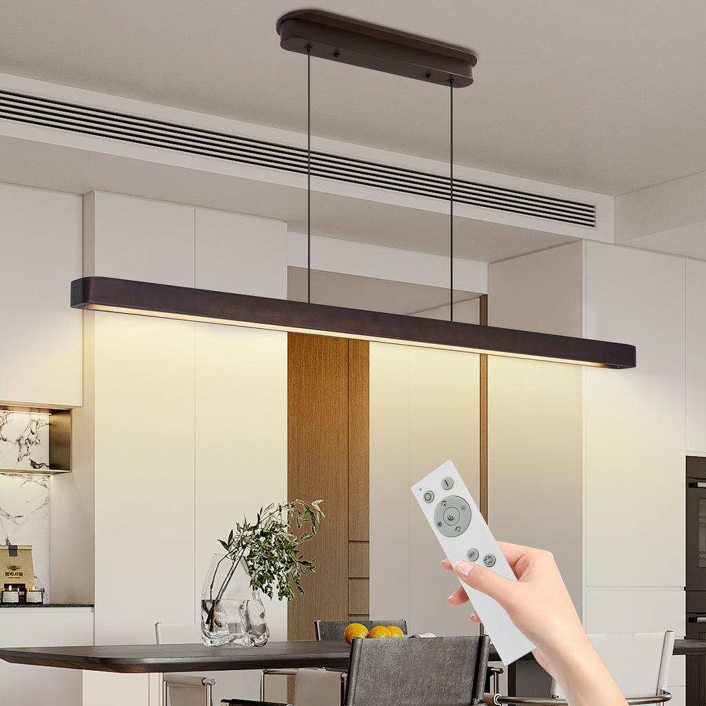 Walnut wood texture detail on 51-inch LED pendant light