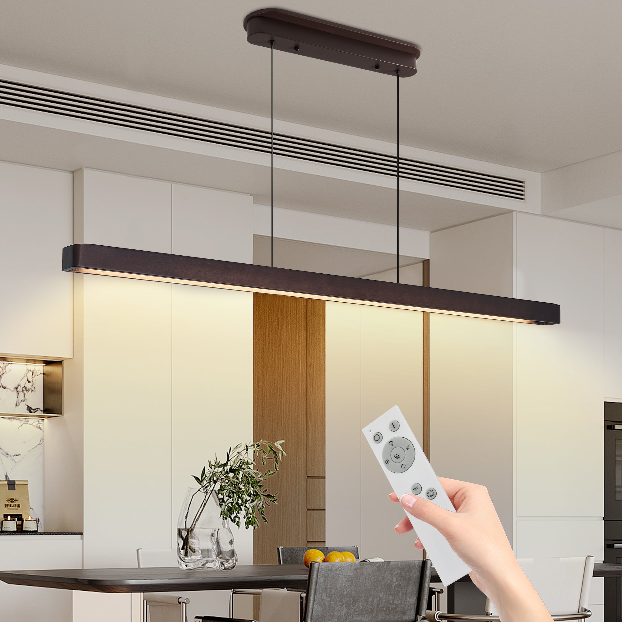 Walnut wood texture detail on 51-inch LED pendant light