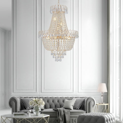 large modern gold chandelier bedroom living room glam interior