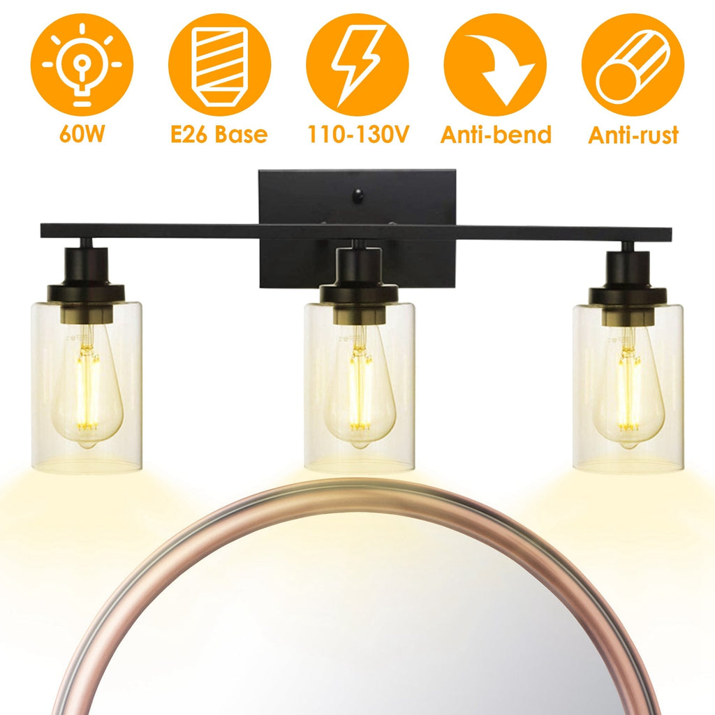 3-Light Matte Black Wall Sconce with Clear Glass Shade – Bathroom Vanity & Hallway Light
