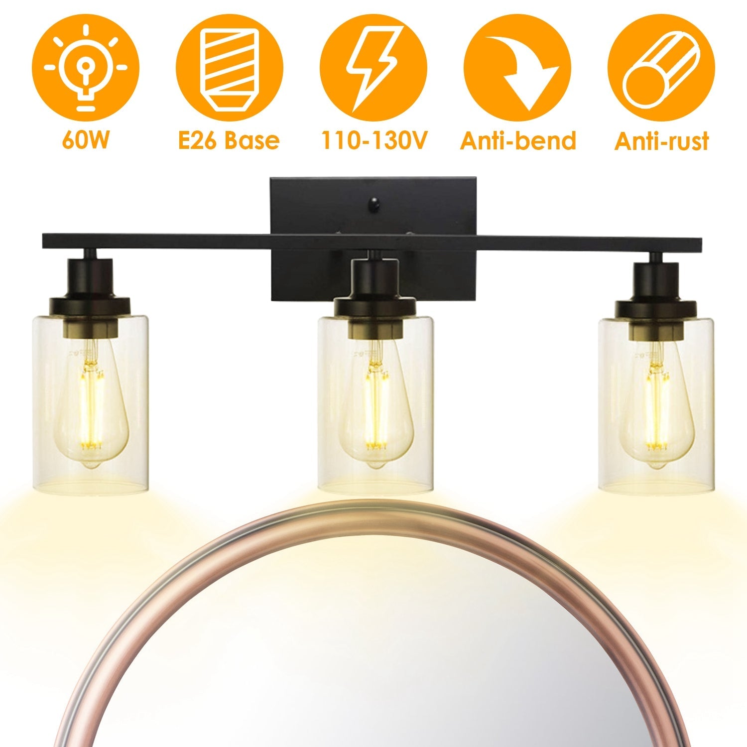 3-Light Matte Black Wall Sconce with Clear Glass Shade – Bathroom Vanity & Hallway Light