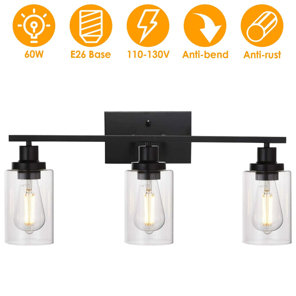 3-Light Matte Black Wall Sconce with Clear Glass Shade – Bathroom Vanity & Hallway Light