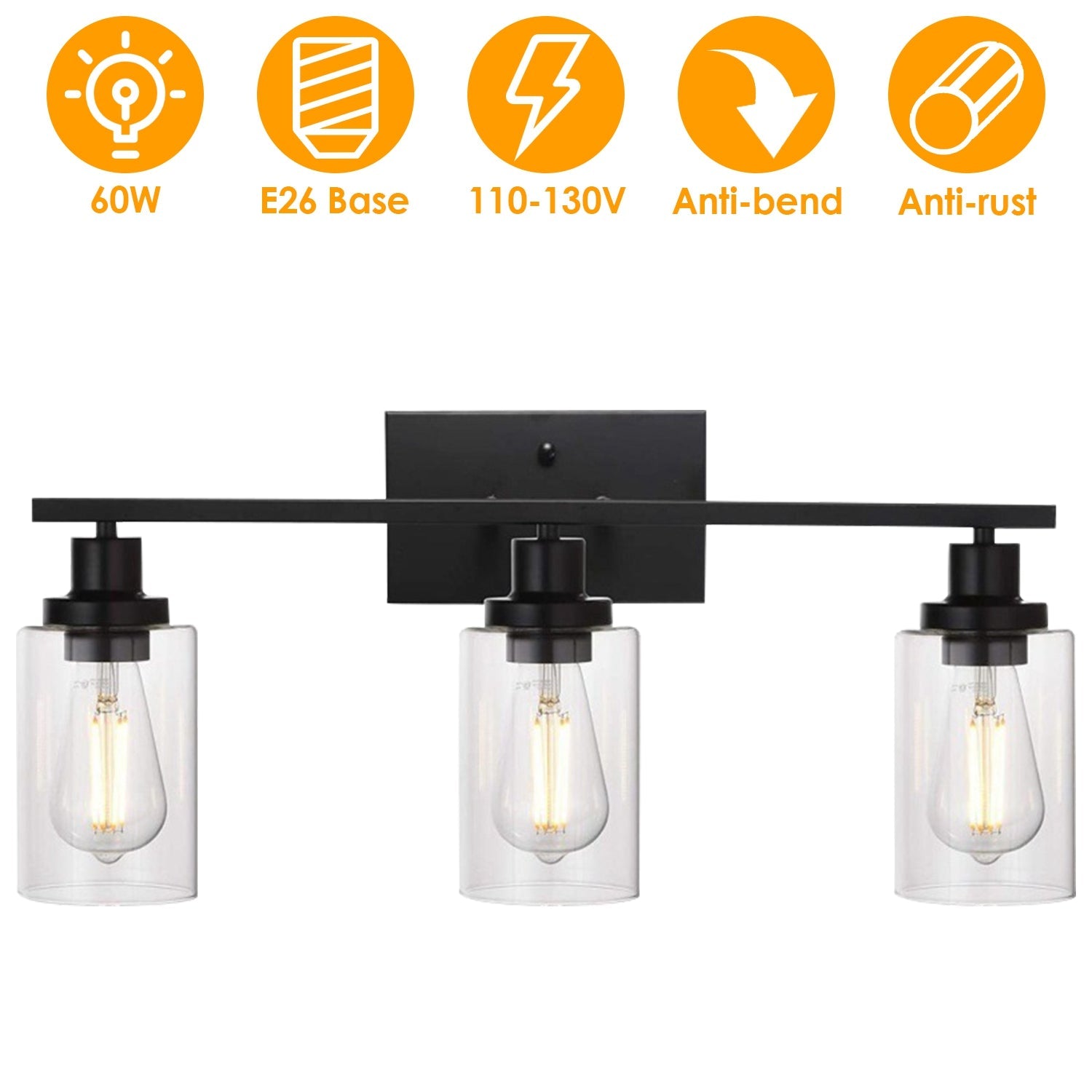 3-Light Matte Black Wall Sconce with Clear Glass Shade – Bathroom Vanity & Hallway Light