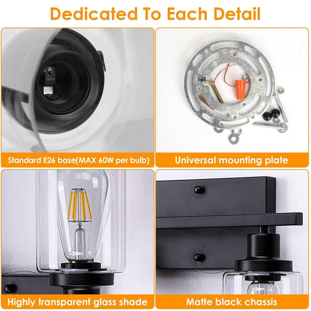 3-Light Matte Black Wall Sconce with Clear Glass Shade – Bathroom Vanity & Hallway Light