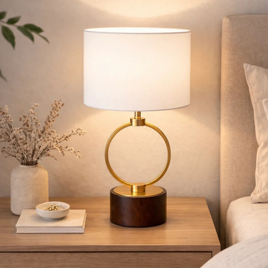 Grid metal lamp glowing romantically on bedroom study desk