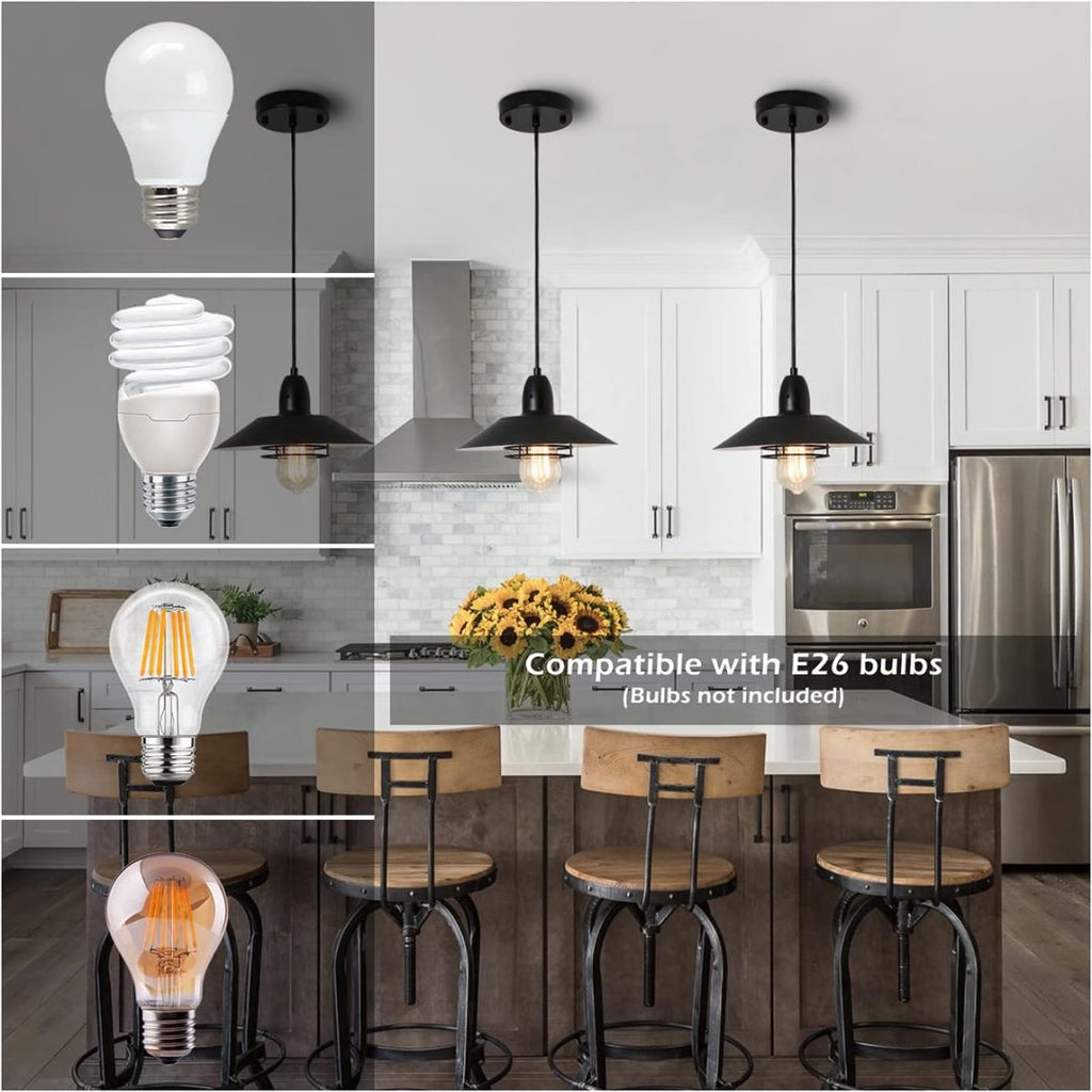 Black spring cage pendant light hanging over kitchen island
