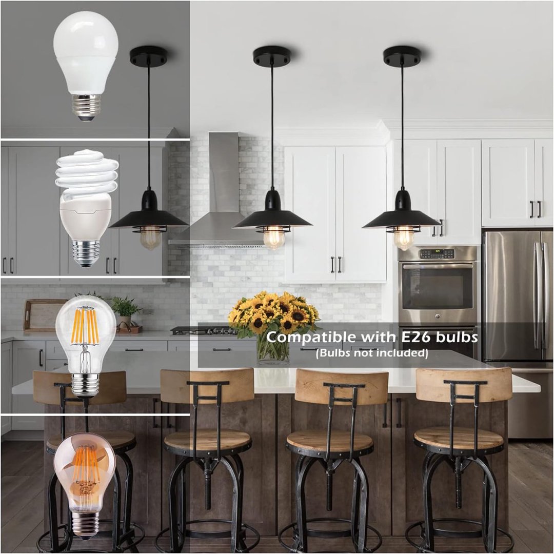Black spring cage pendant light hanging over kitchen island
