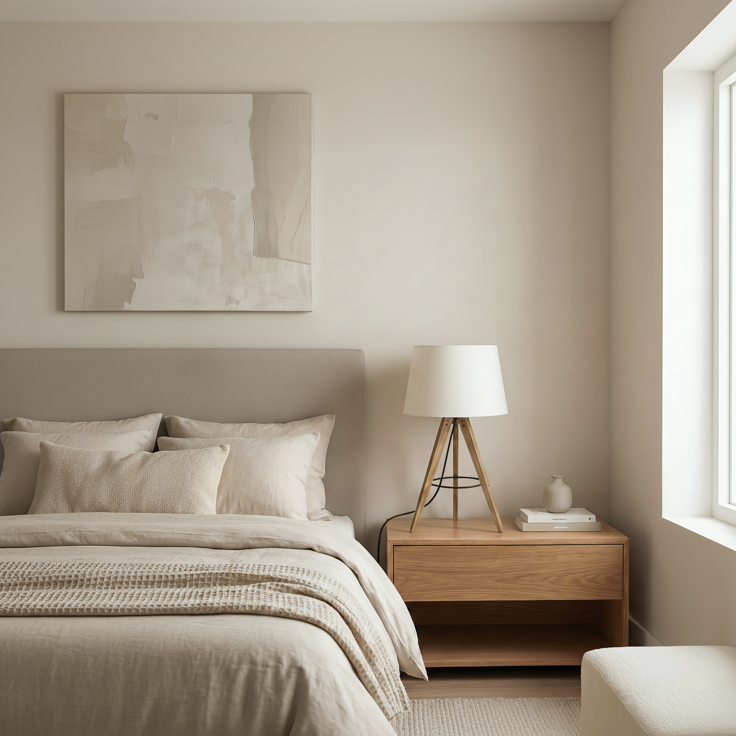 Three-legged wooden bedside lamp glowing warmly in hotel room