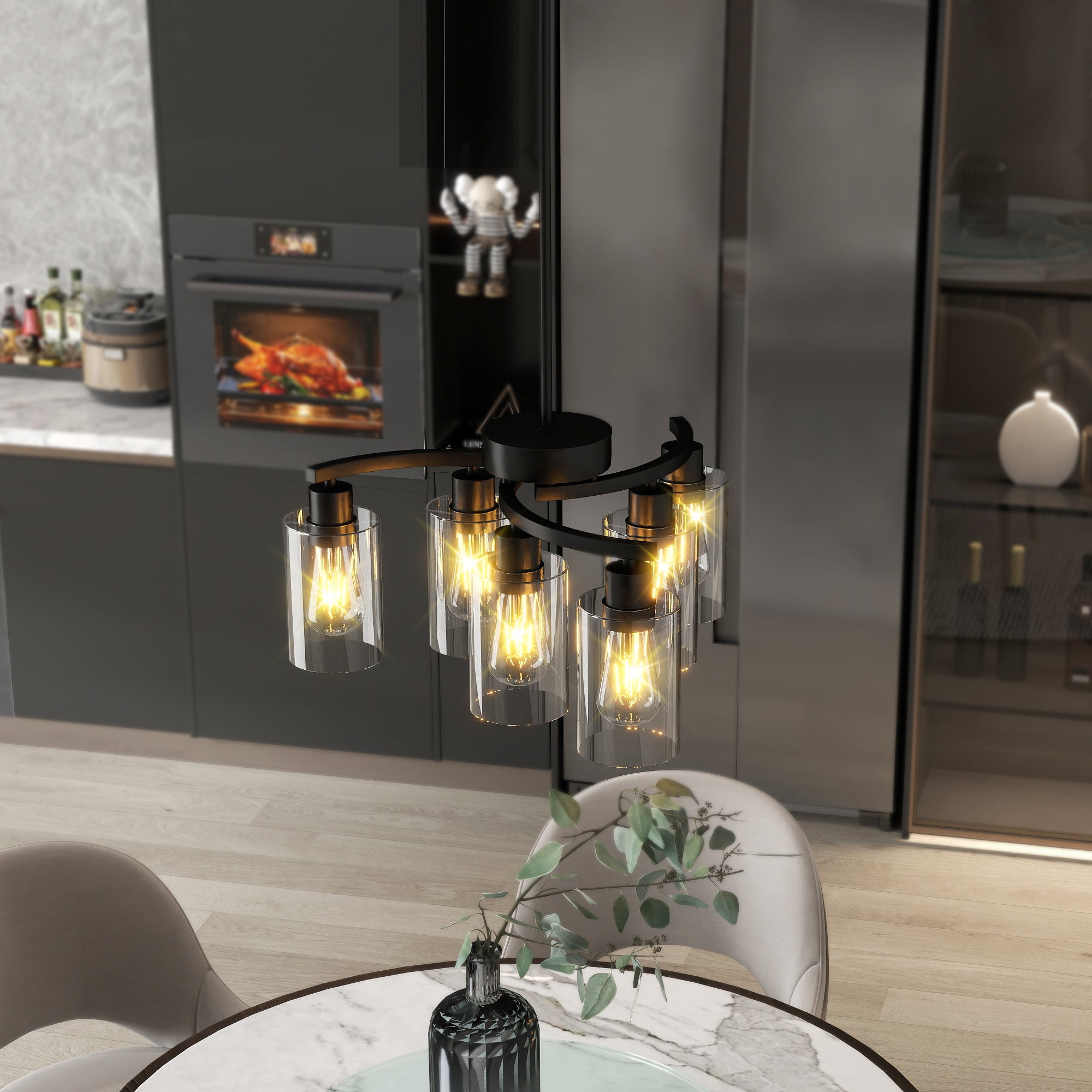 Six light black pendant chandelier close-up of matte black frame