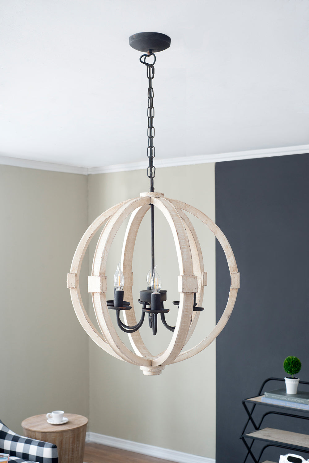 farmhouse wood chandelier installed in kitchen entryway