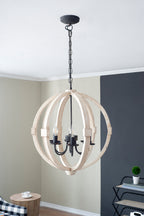 farmhouse wood chandelier installed in kitchen entryway