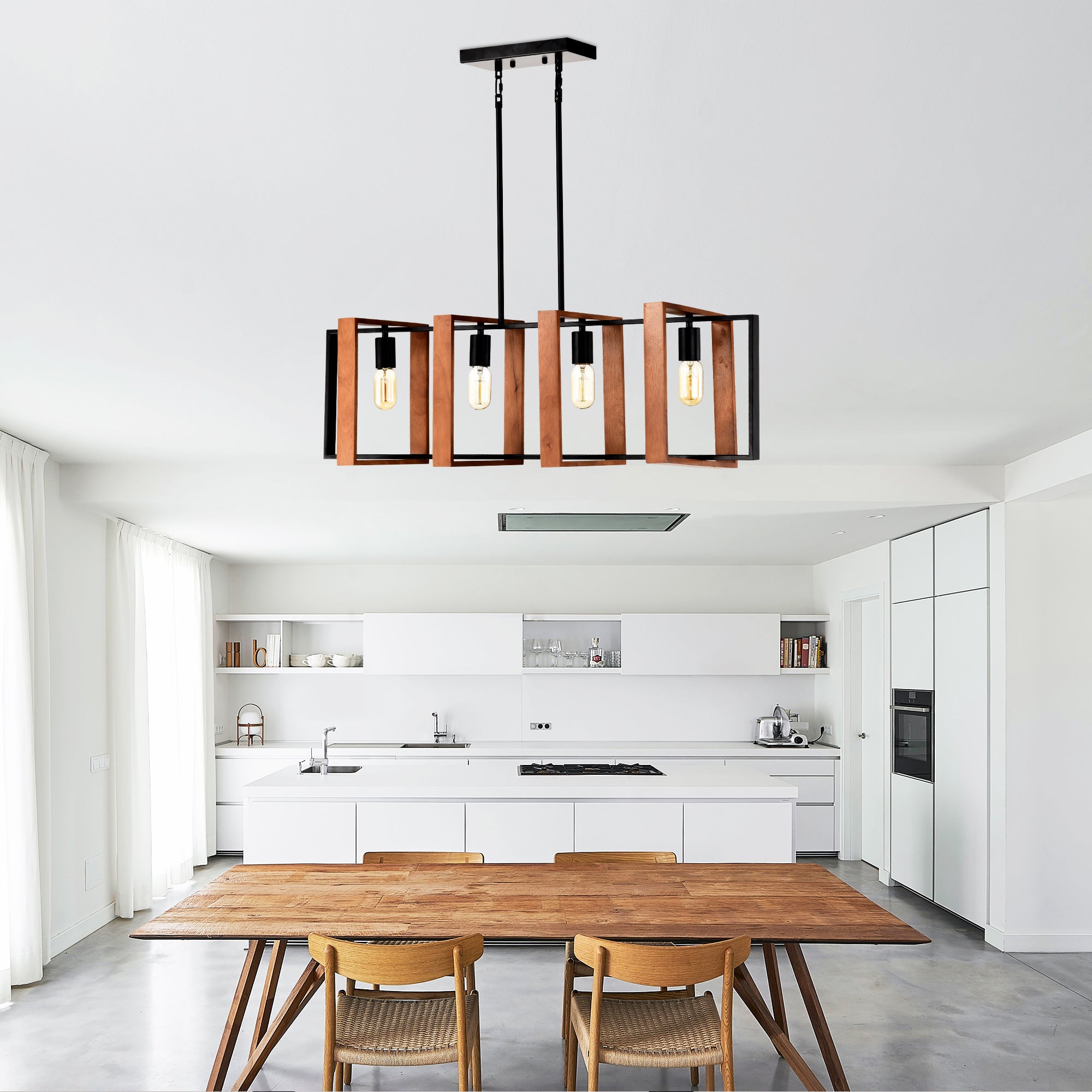 Wood and black metal farmhouse chandelier hanging over kitchen island