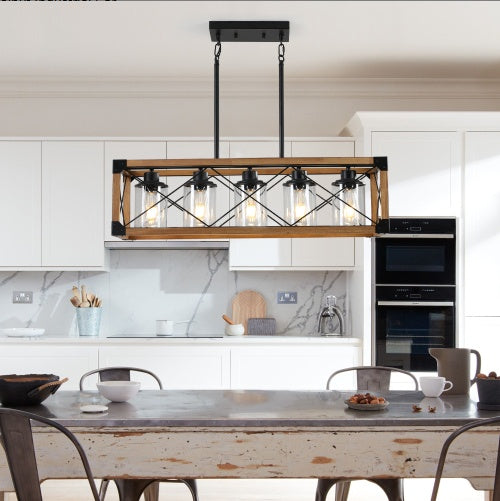 32-inch walnut and black 5-light industrial farmhouse rectangle pendant chandelier – main product view