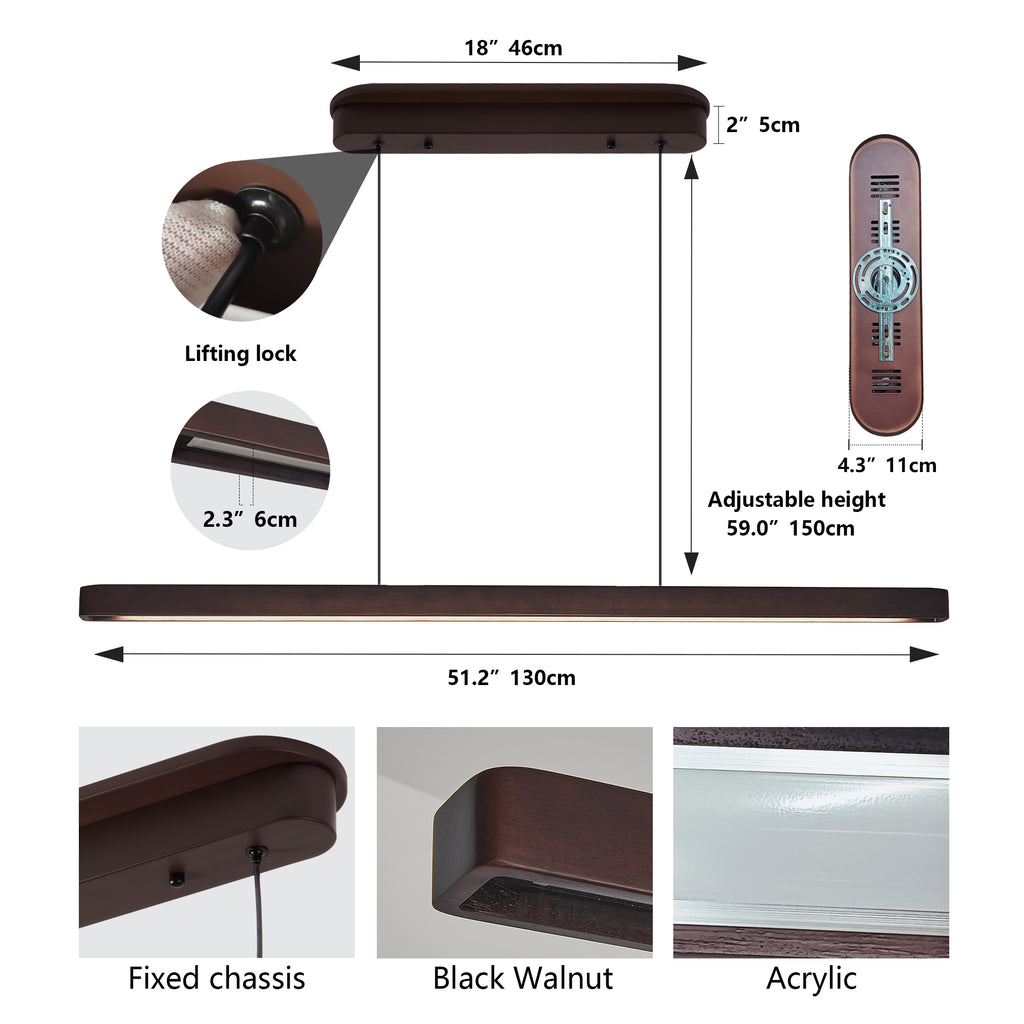 LED walnut pendant light showing adjustable suspension height