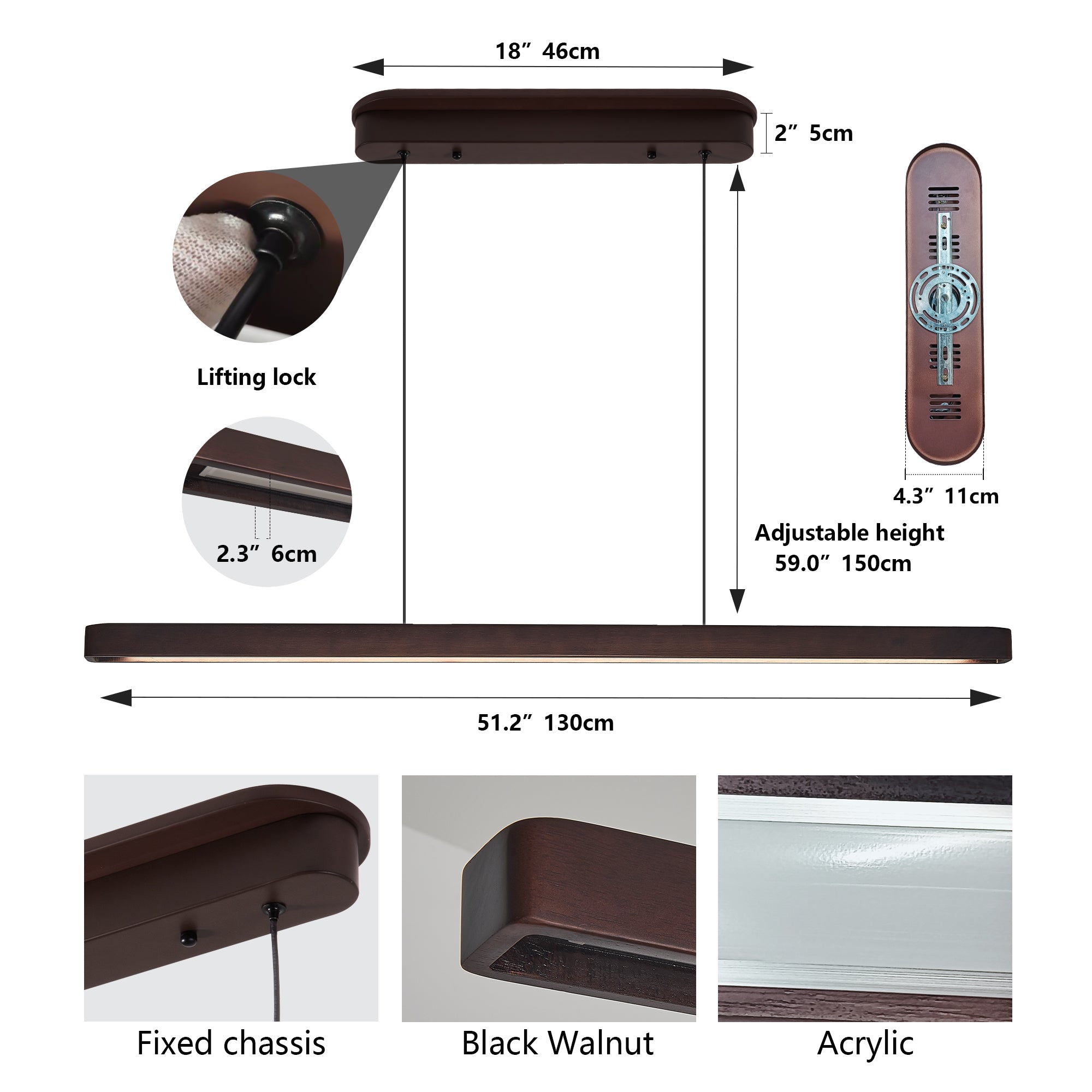 LED walnut pendant light showing adjustable suspension height