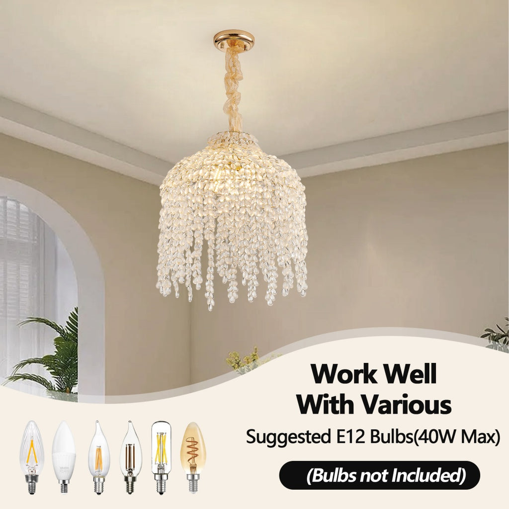 gold crystal grape bead chandelier bedroom dining area view