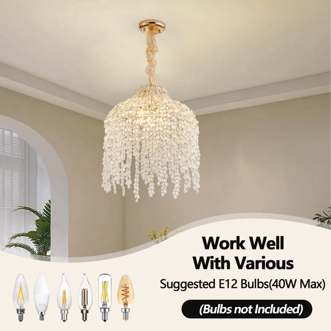 gold crystal grape bead chandelier bedroom dining area view
