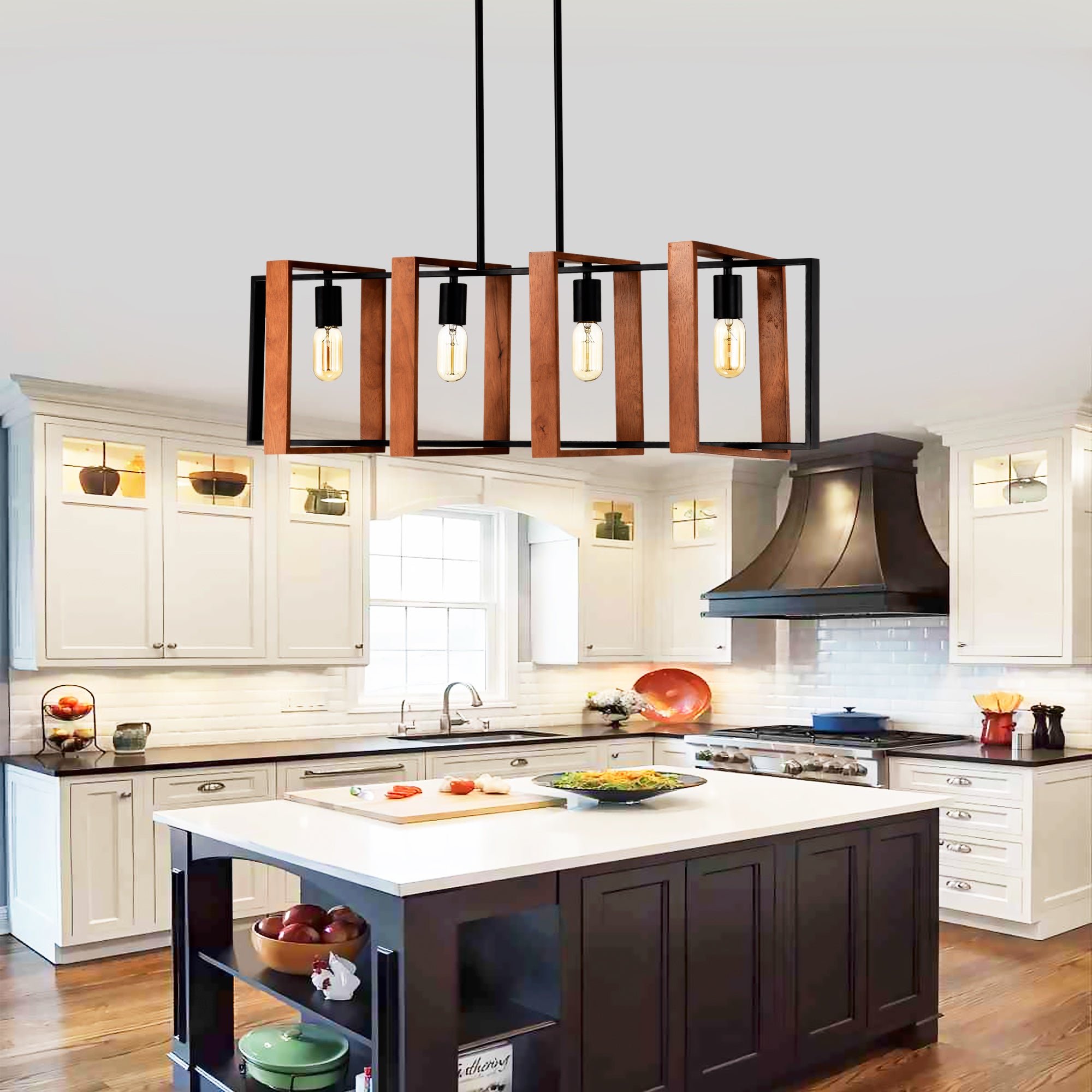4-light wood metal chandelier glowing warmly in living room