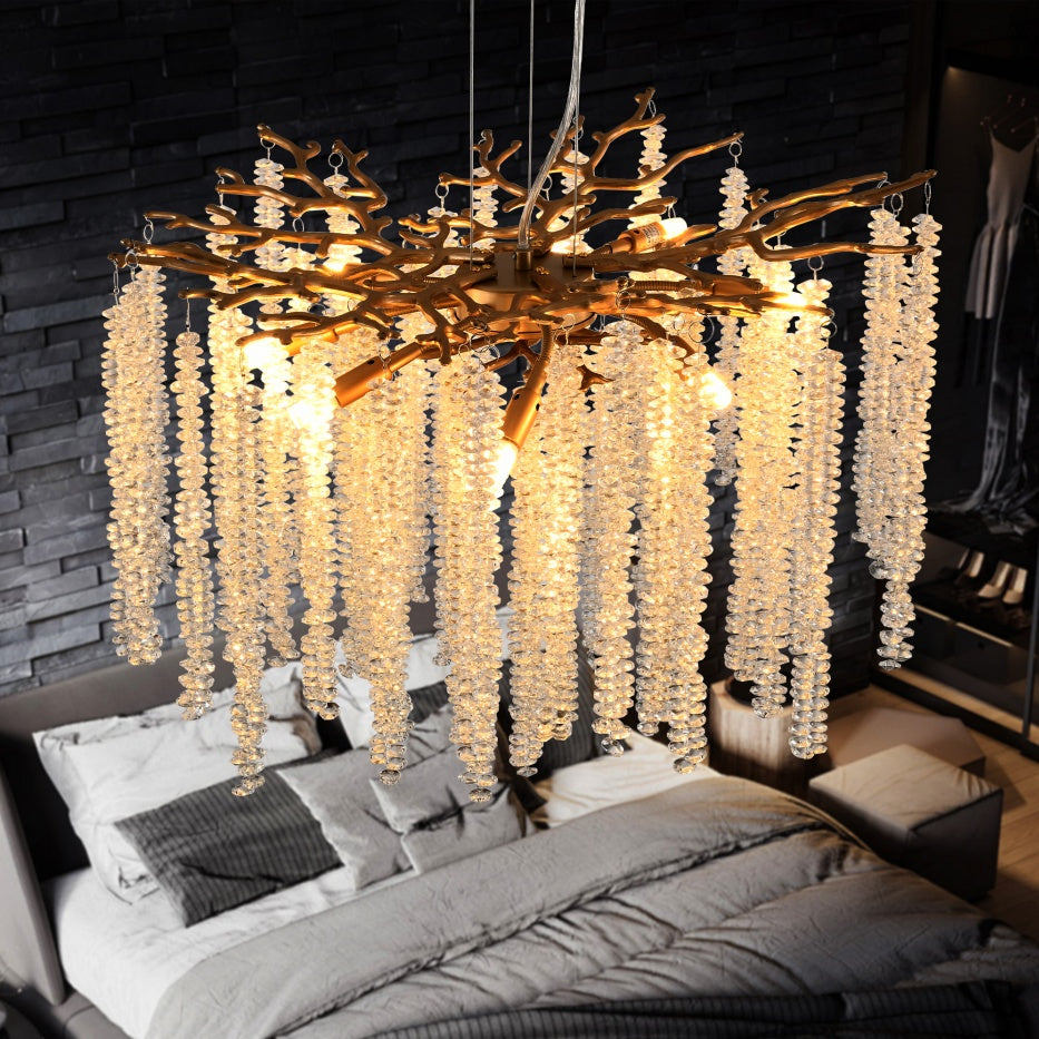 Waterfall crystal chandelier side view showing hollow metal frame
