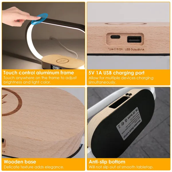 Wireless charging pad on base of touch control bedside lamp