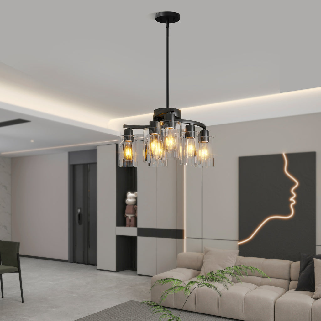 Clear glass shade detail on modern black farmhouse chandelier