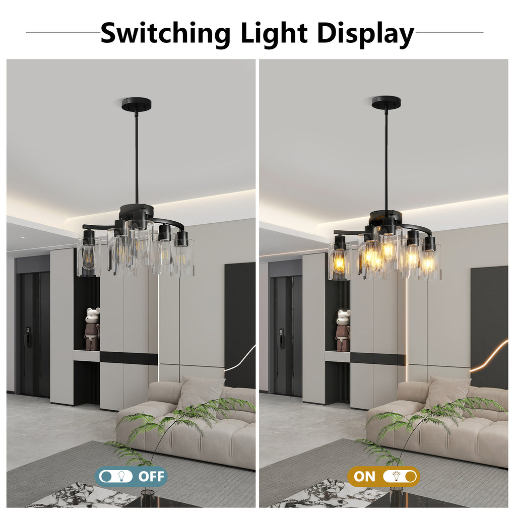 6-light black industrial chandelier installed in contemporary kitchen