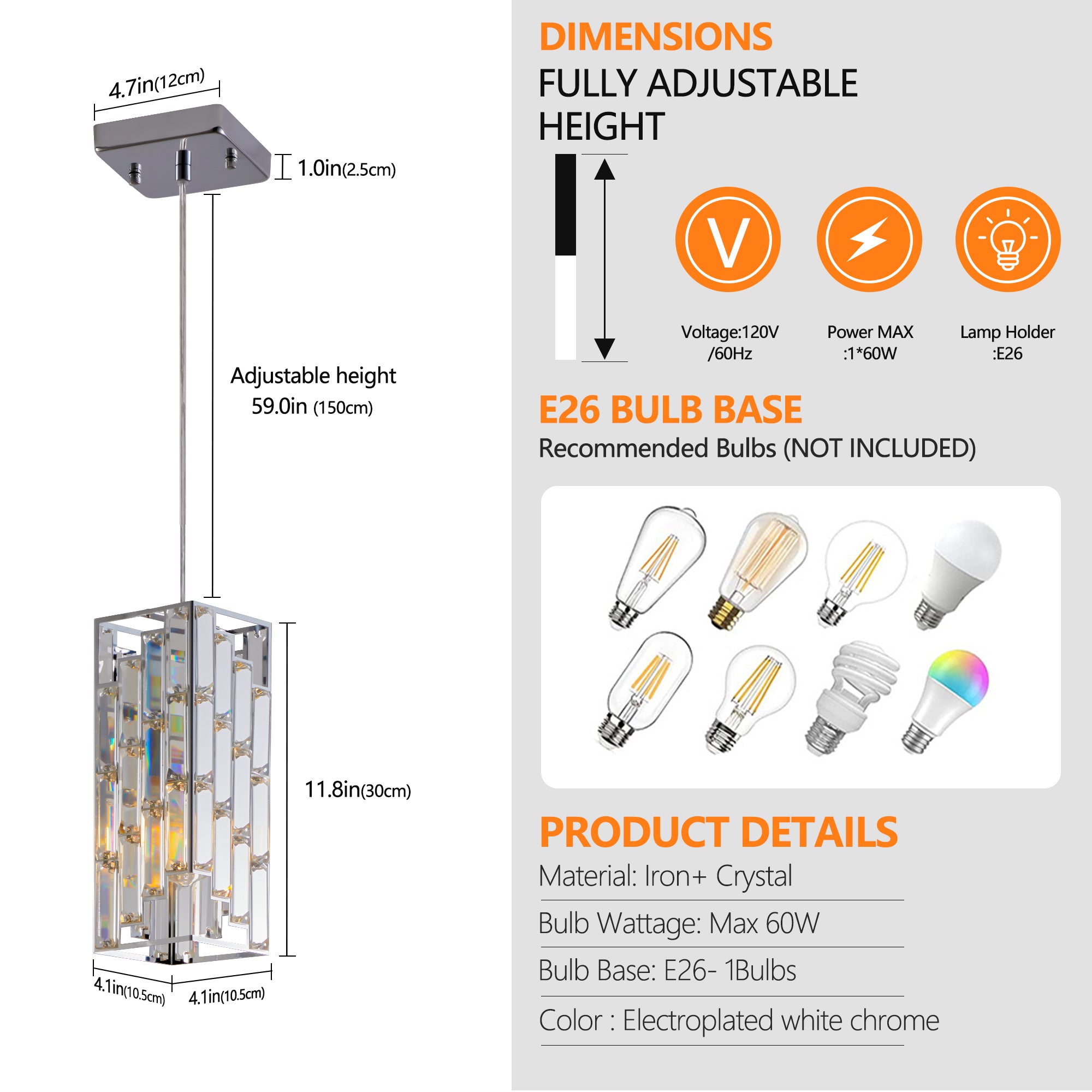 Crystal pendant light installation hardware and components included