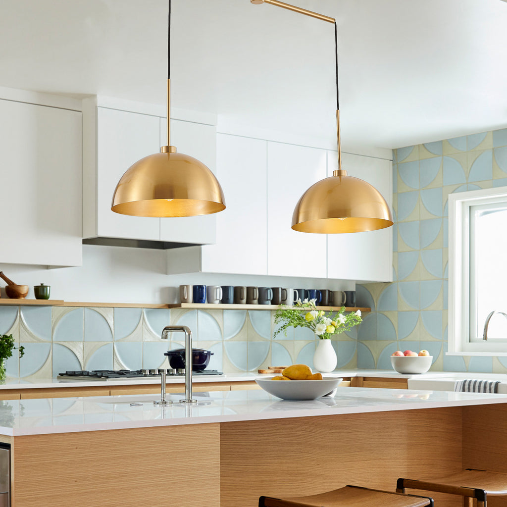Two-light copper industrial pendant in living room ambient setting