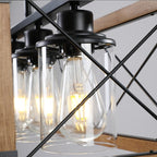 Walnut farmhouse chandelier with 5 black lampshades hanging over dining table