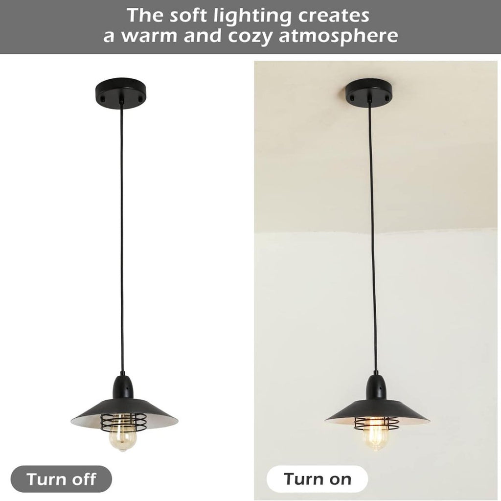Black cage pendant light in bedroom rustic interior