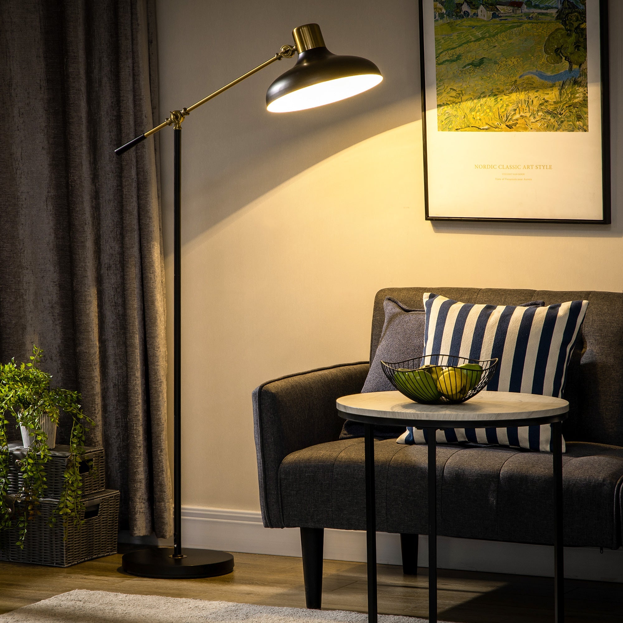 Adjustable Floor Lamp with Swivel Head – Industrial Black & Gold Reading Light for Living Room Black 365x225x760 mm