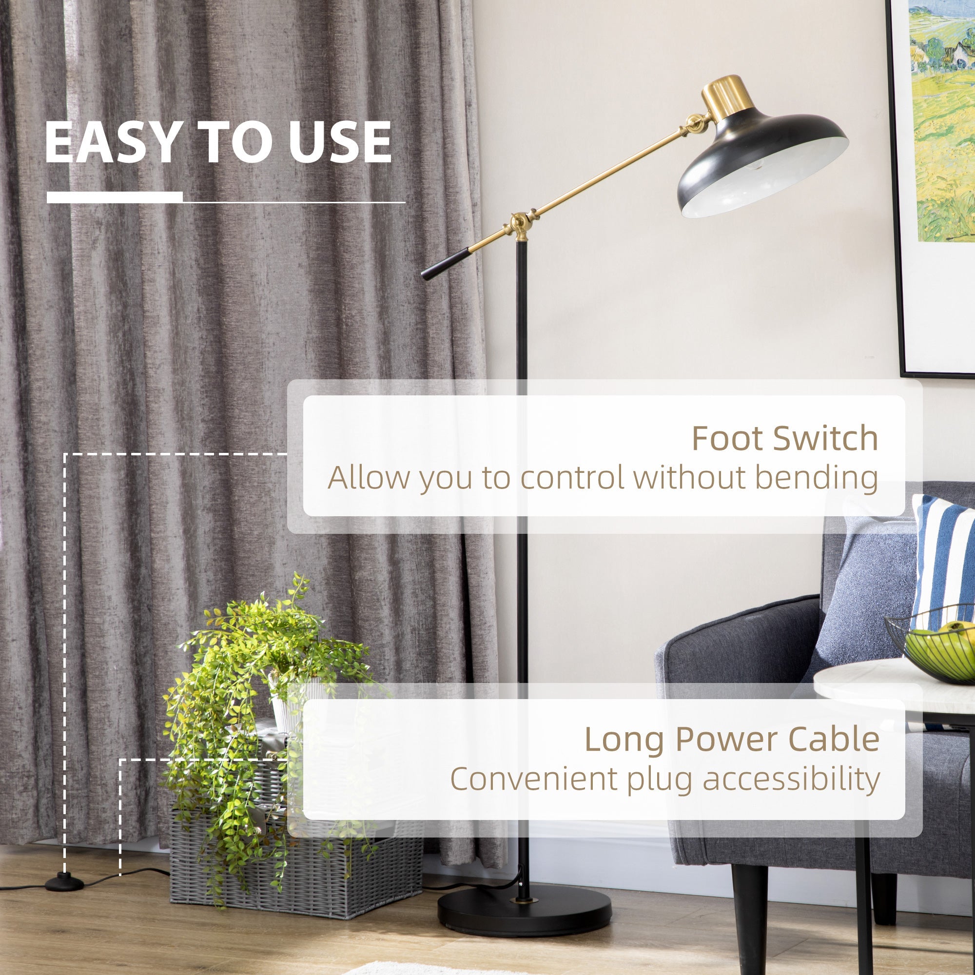 Adjustable Floor Lamp with Swivel Head – Industrial Black & Gold Reading Light for Living Room