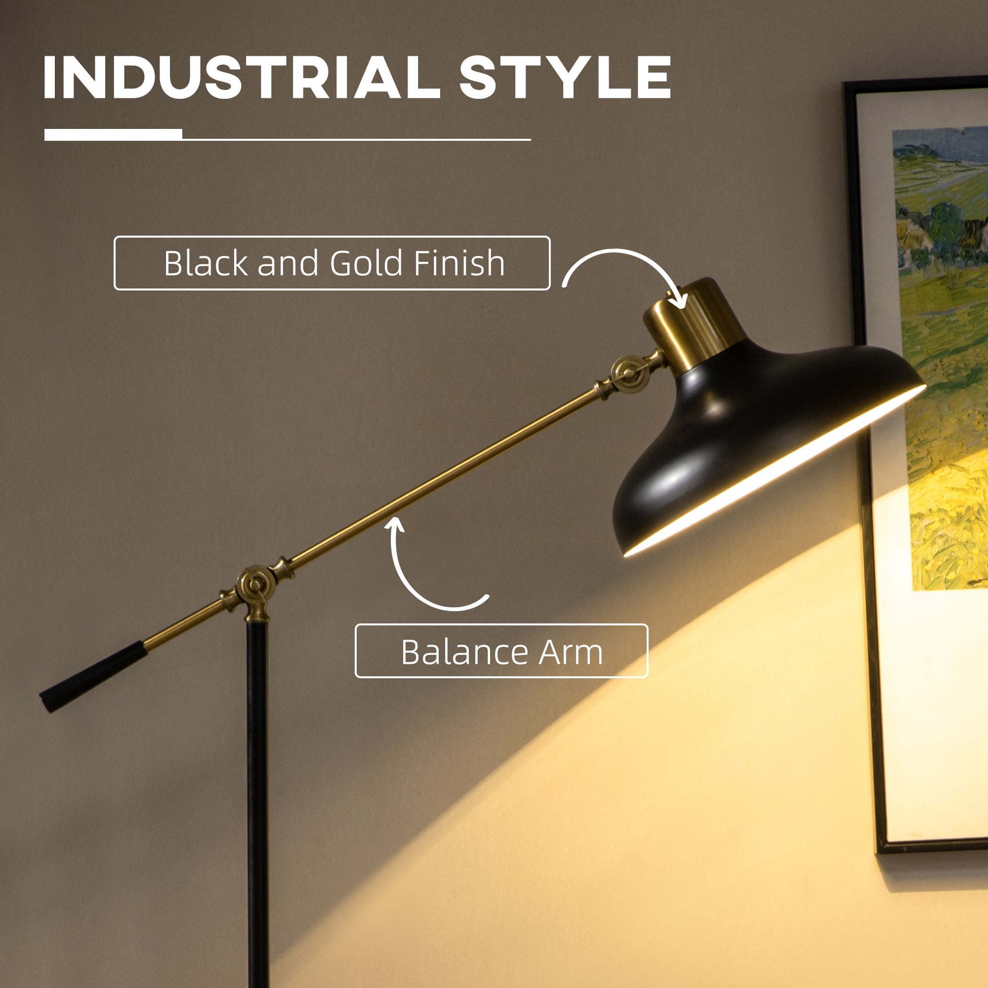 Adjustable Floor Lamp with Swivel Head – Industrial Black & Gold Reading Light for Living Room