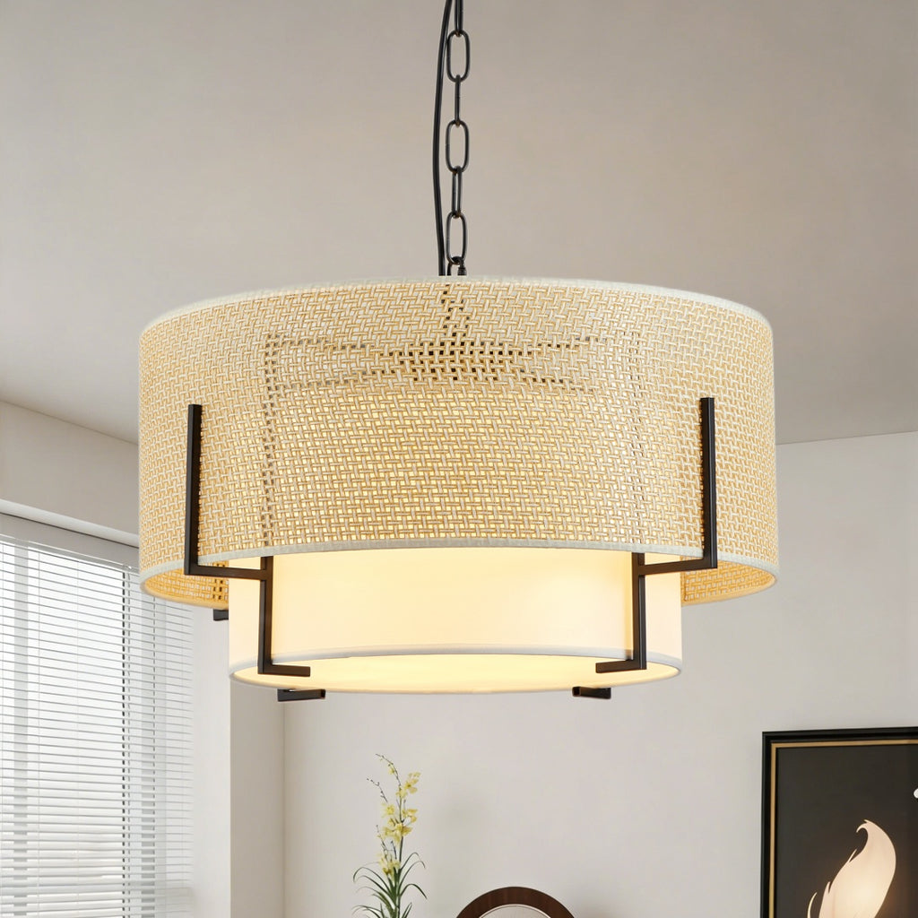 4-light rattan chandelier farmhouse style close-up weave detail