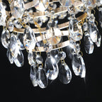 gold crystal chandelier installed in dining room hallway