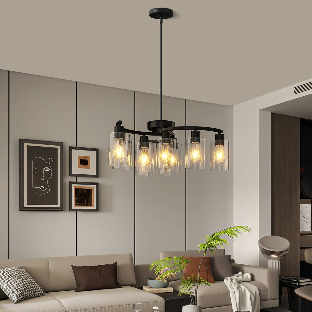 close-up of black metal frame and glass shades chandelier