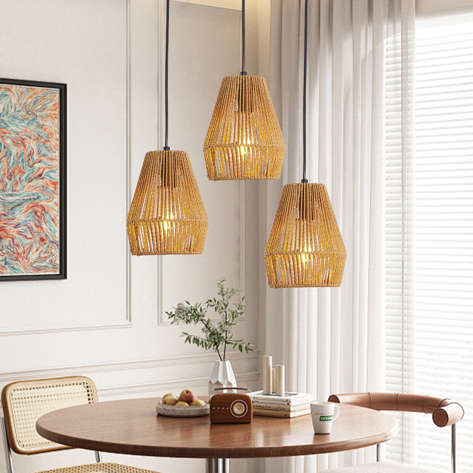 Boho rustic hanging lights set of three in modern home