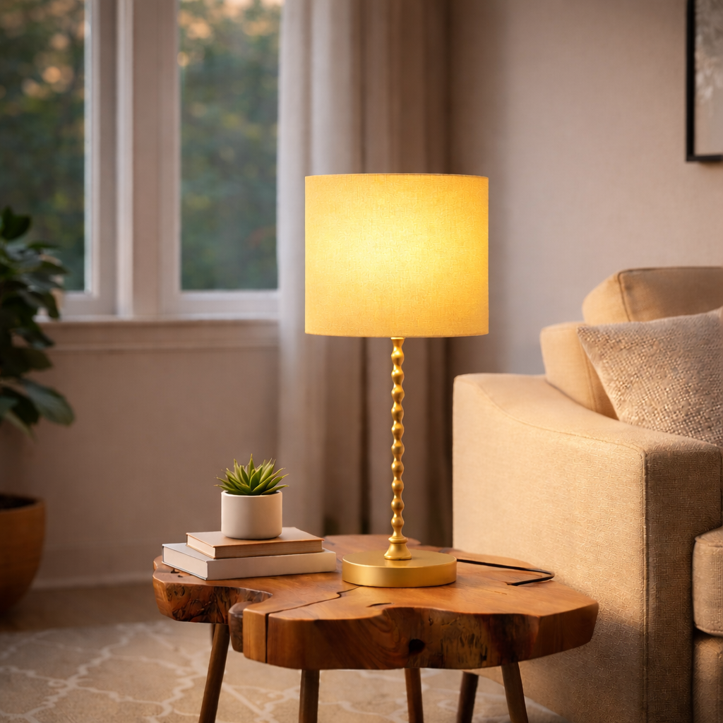 Ochre gold decorative desk lamp glowing in villa living room