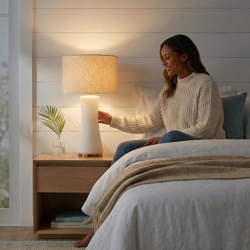 Golden base glass lamp glowing softly in bedroom setting