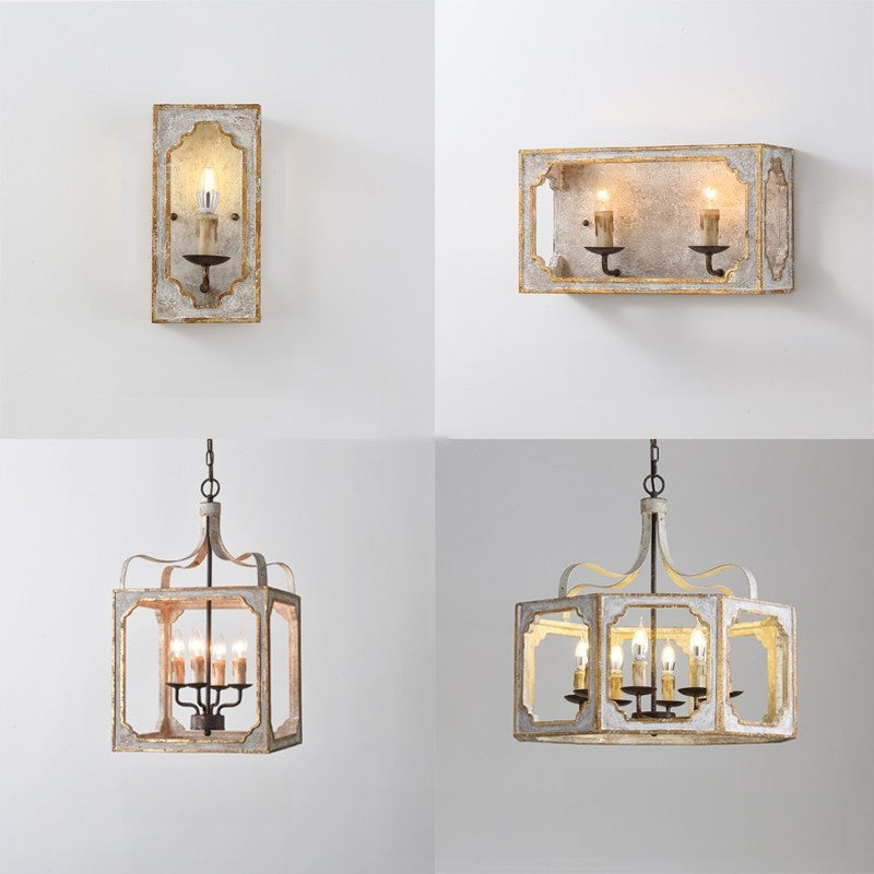 Two wall sconces and two chandeliers on a light gray background